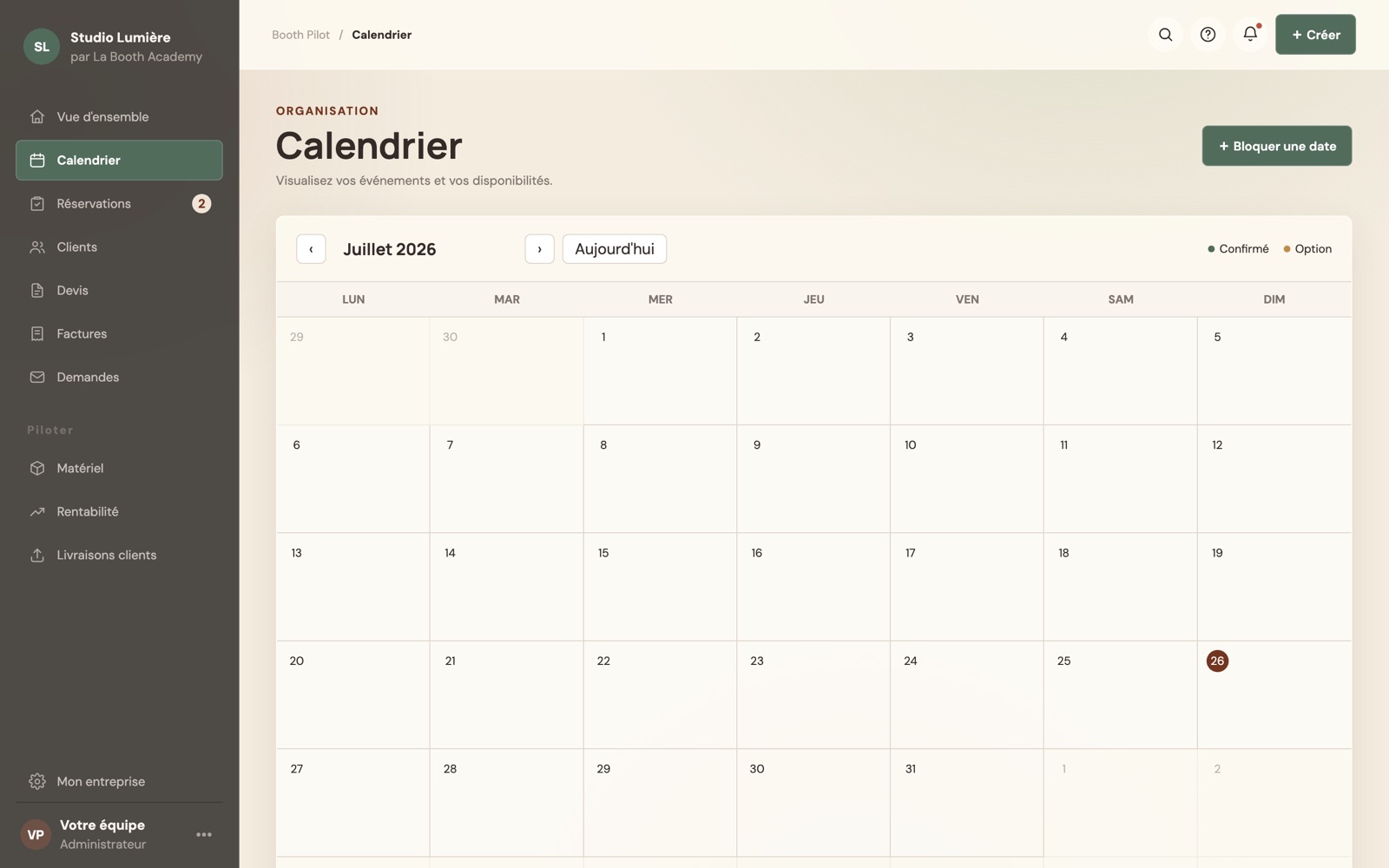 Écran Calendrier : les prestations positionnées sur le mois.