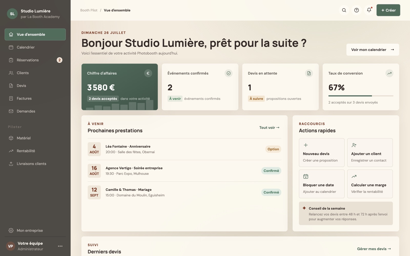 Tableau de bord Booth Pilot : chiffre d'affaires, événements confirmés, devis en attente et prochaines prestations.