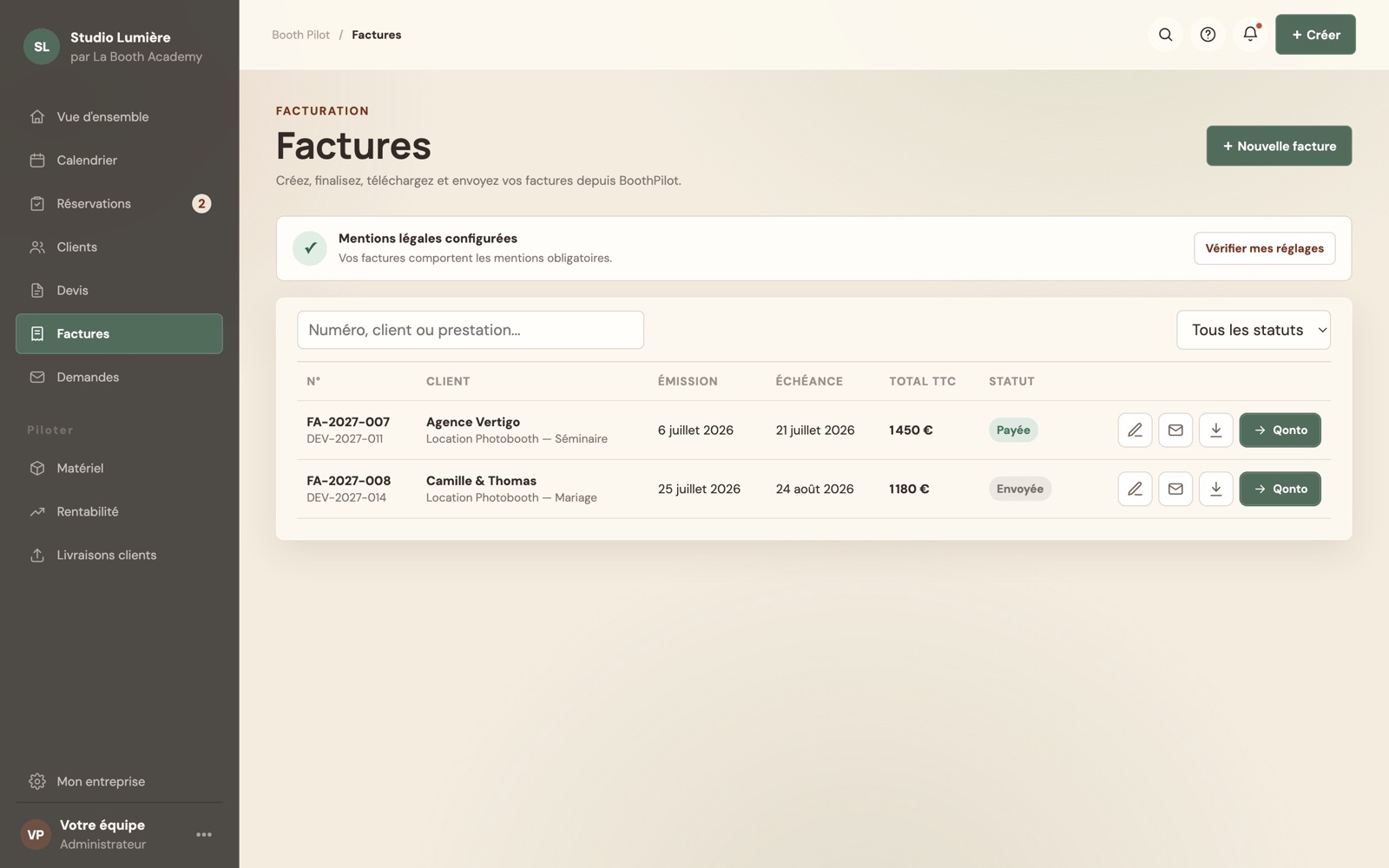 Écran Factures : factures avec les statuts Envoyée et Payée.